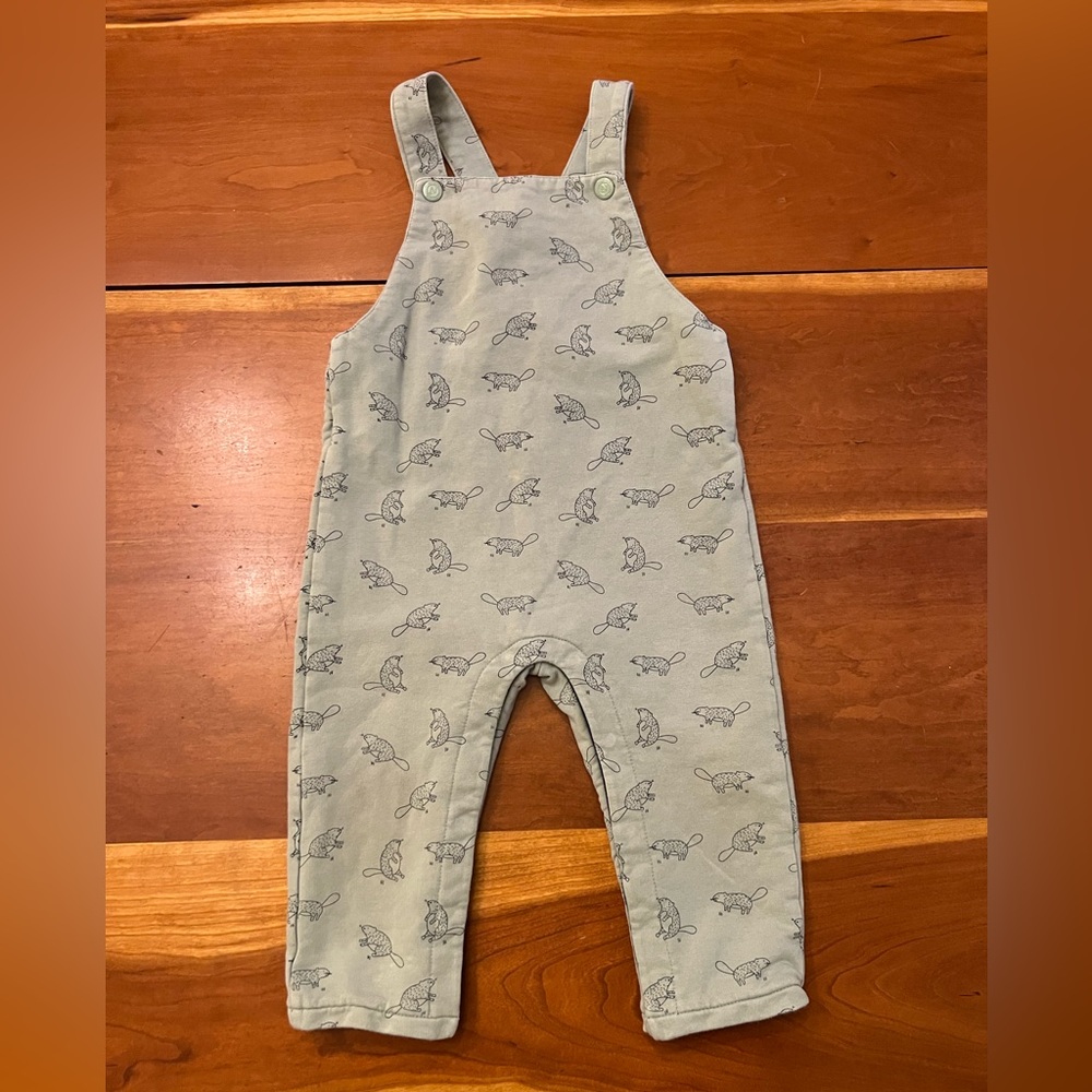 Natalys Cotton Overalls, light green with blue beavers, 24 mos